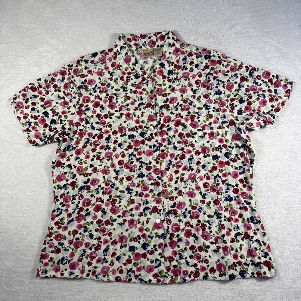 Woolrich Women's XL Floral Short Sleeve Button Front Rayon Blouse
